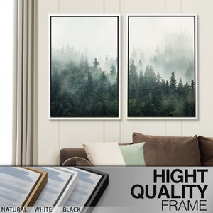 Framed Canvas Wall Art Set of 3 Green Misty Forest Mountain Landscape ...