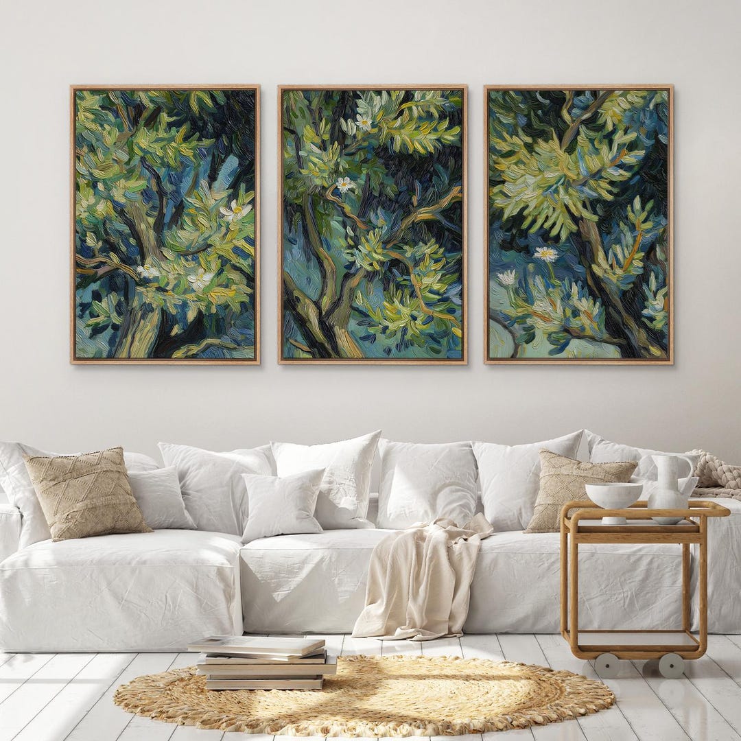 Framed Abstract Tree Leaves Wall Art Set of 3, Green Botanical Canvas ...