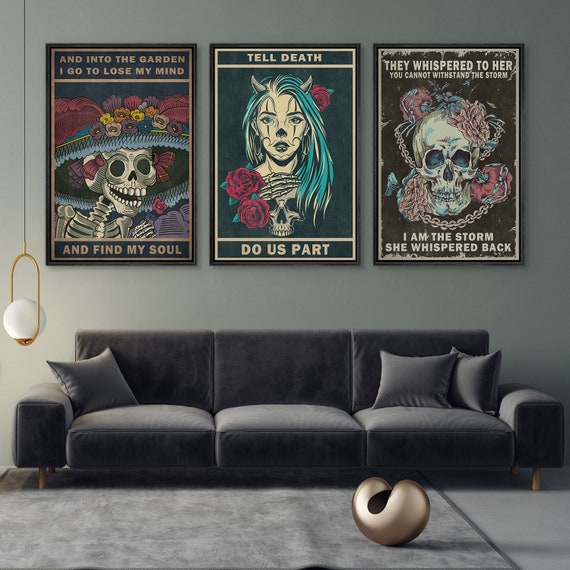 Framed Canvas Wall Art Set of 3 Floral Skeleton Skull Prints