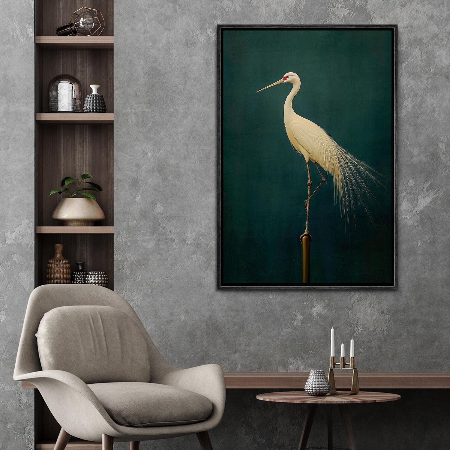 Japandi Crane Wall Art - Framed Vintage Canvas Print, Minimalist