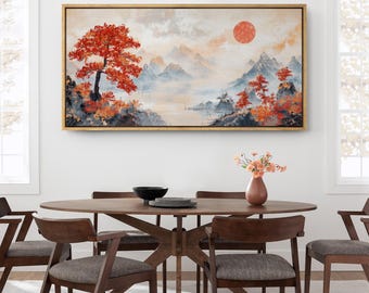 Large Wall Art, Red maple under the sun, Asian Landscape Ink Painting Print, Misty Mountain Canvas, Japandi Style Nature Art, Zen Home Decor