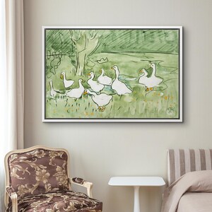 May include: Watercolor painting of a flock of white geese in a green field with a tree and a light green background. The artwork is framed in a white border.