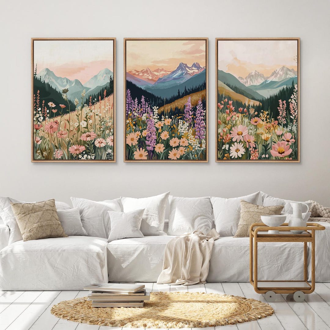 Mountain Wildflower Wall Art Set of 3 - Framed Pastel Canvas Prints ...