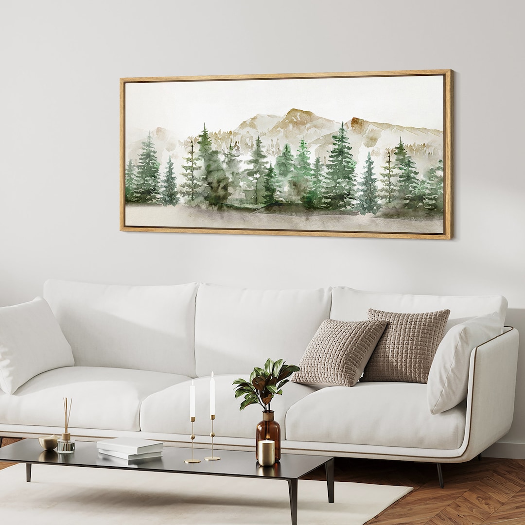 Large Wall Art Framed Canvas Watercolor Mountain Forest Landscape ...