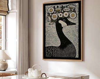 Vintage Goose With Daisy Flower Crown Framed Wall Art, Retro Quirky Bird Canvas Print, Cottage Farmhouse Living Room Decor