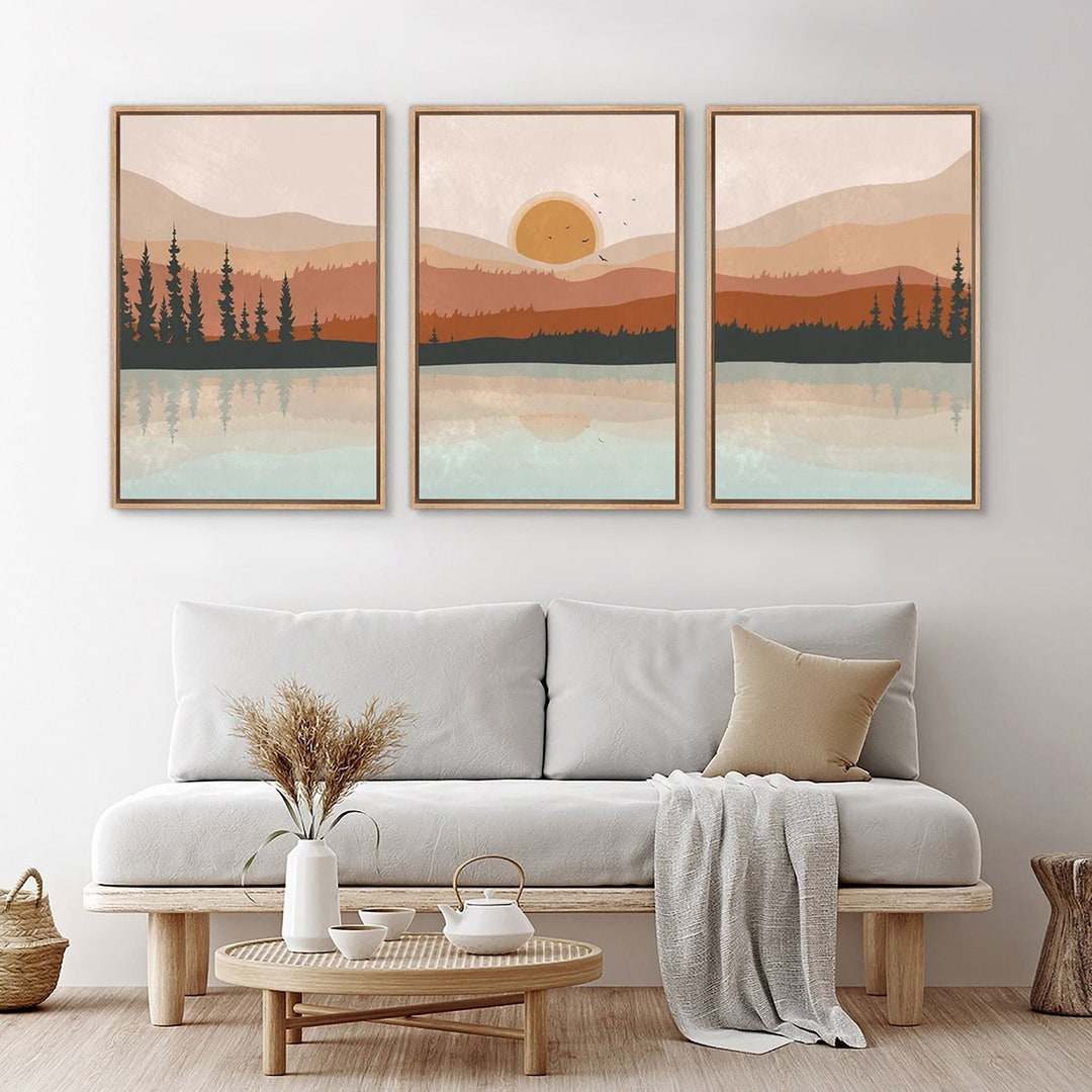Framed Canvas Wall Art Set of 3 Sunset Forest Landscape Abstract ...