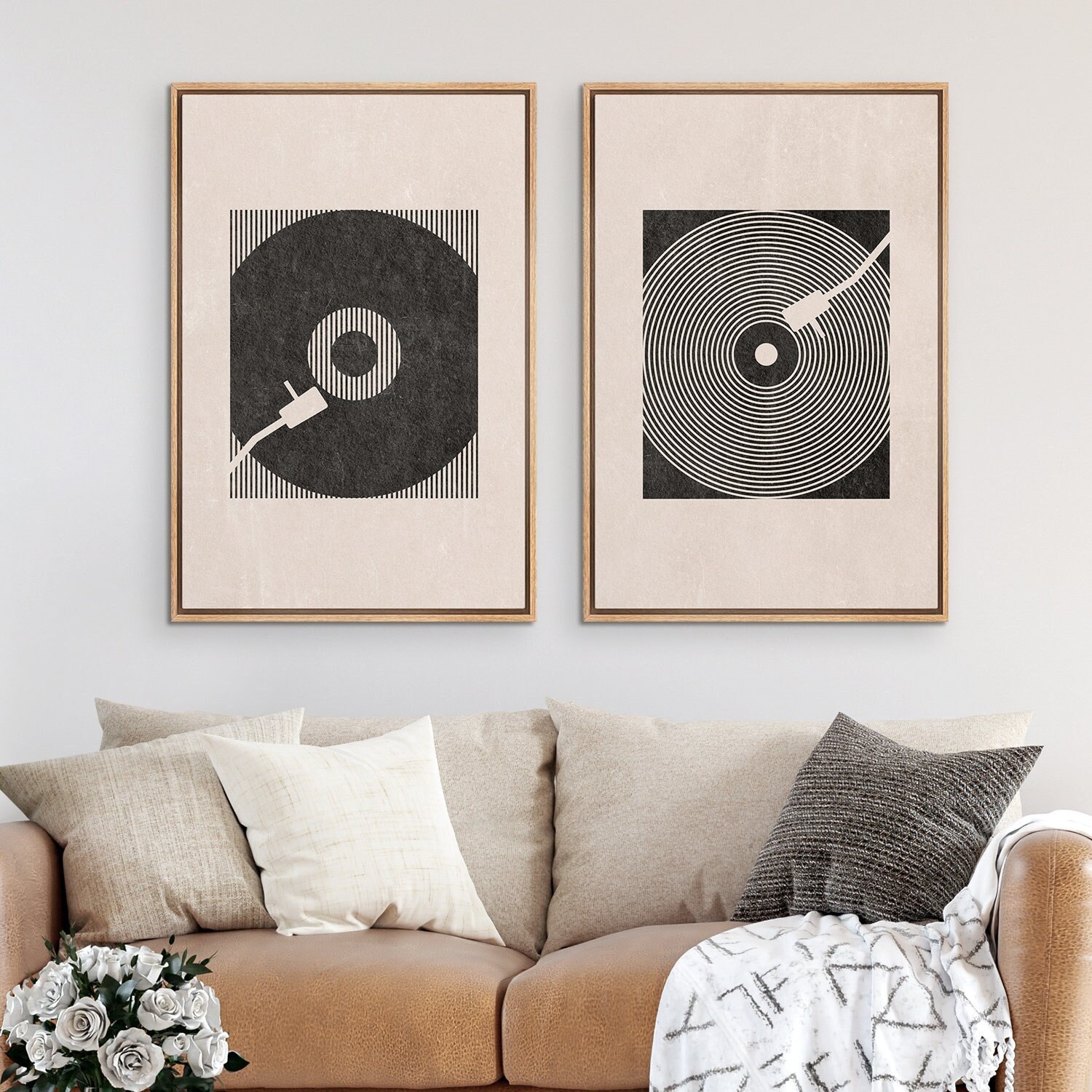 Framed Canvas Wall Art Set of 2 Abstract Geometric Music Record