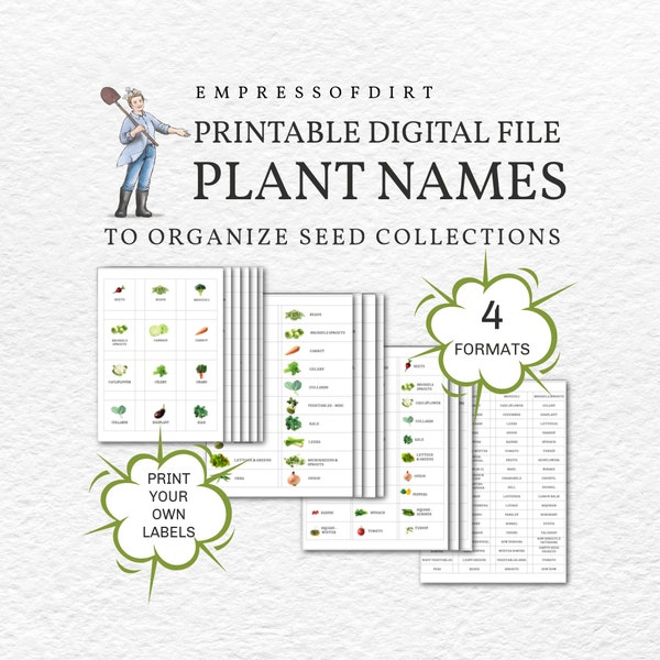 Printable Vegetable Names & Images, Printable Garden Plant Labels, Seed Organizing Printables, Garden Plant Label Templates, PDF