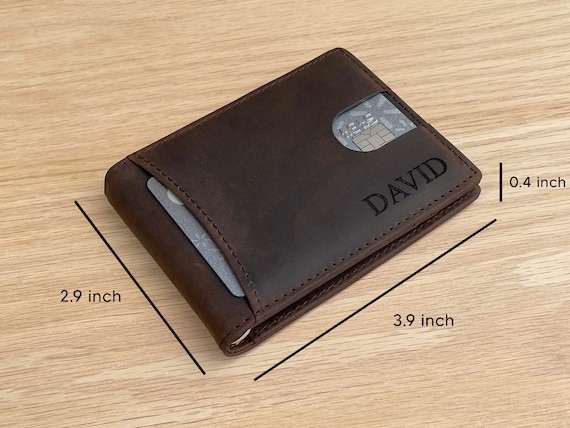Personalized Minimalist Leather Mens Wallet, Handwriting Custom Slim Wallet, Gift for Him / Dad / Son / Boyfriend / Husband / Fathers Day