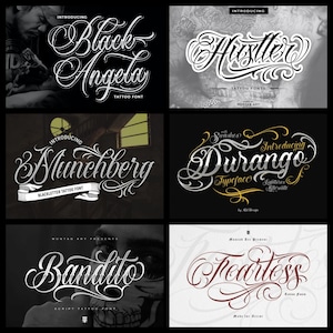 Munchberg font, Black Angelo font, Hustler font, Fearless Tattoo font, Durango font, Bandito font