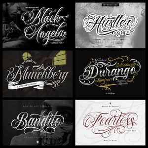 Munchberg font, Black Angelo font, Hustler font, Fearless Tattoo font, Durango font, Bandito font