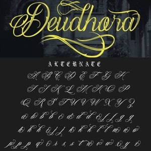 Puede incluir: Una imagen en blanco y negro de una fuente cursiva llamada "Deudhora". La fuente se muestra en letras may&uacute;sculas y min&uacute;sculas. La palabra "ALTERNATE" est&aacute; escrita en negrita, en letras gruesas sobre el alfabeto.