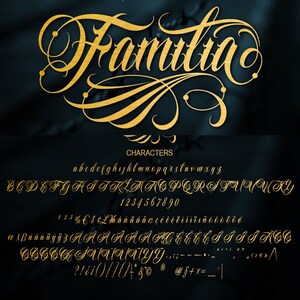 Puede incluir: Una fuente dorada con la palabra "Familia" en escritura cursiva. La fuente incluye letras may&uacute;sculas y min&uacute;sculas, n&uacute;meros y s&iacute;mbolos.