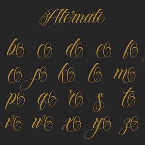 Puede incluir: Alfabeto de fuente alternativo con letras cursivas en dorado sobre un fondo negro. Las letras est&aacute;n en un estilo de escritura decorativo.