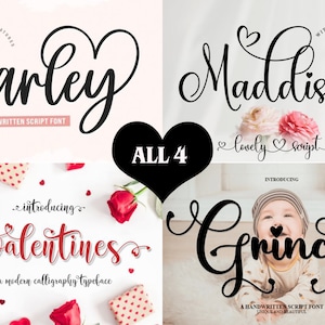 May include: A collage of four images showcasing different handwritten fonts. The fonts are "Carley", "Maddison", "valentines", and "Grinch". Each font is displayed in a different style and color, with a heart symbol incorporated into the design.