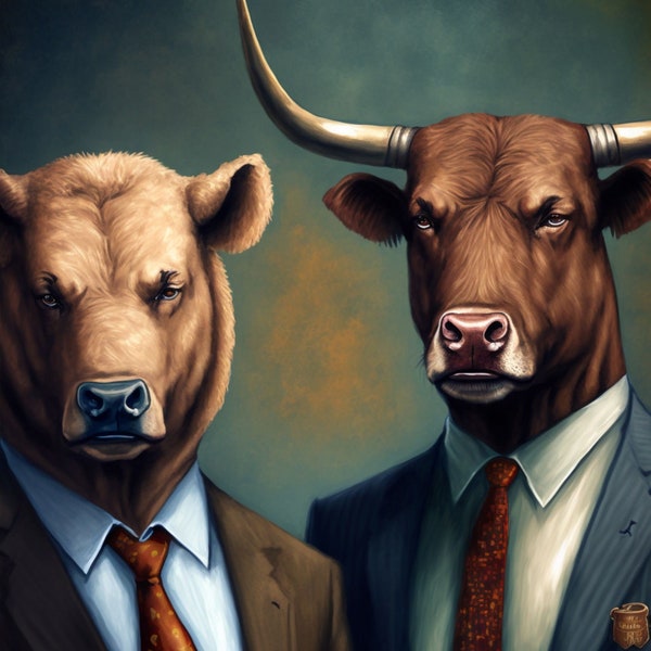 5er Set - Bull and Bear Börse Leinwand Börse Wandkunst Finanzdekor Geschäftswelt Druck Geschenk für Händler Maklerkunst Wand