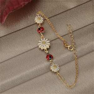 Pulsera de flores de plata, pulsera de margaritas, pulsera de mariquita, pulsera de flores con cuentas, pulsera de flores nupciales, regalo de Navidad del día de San Valentín imagen 7