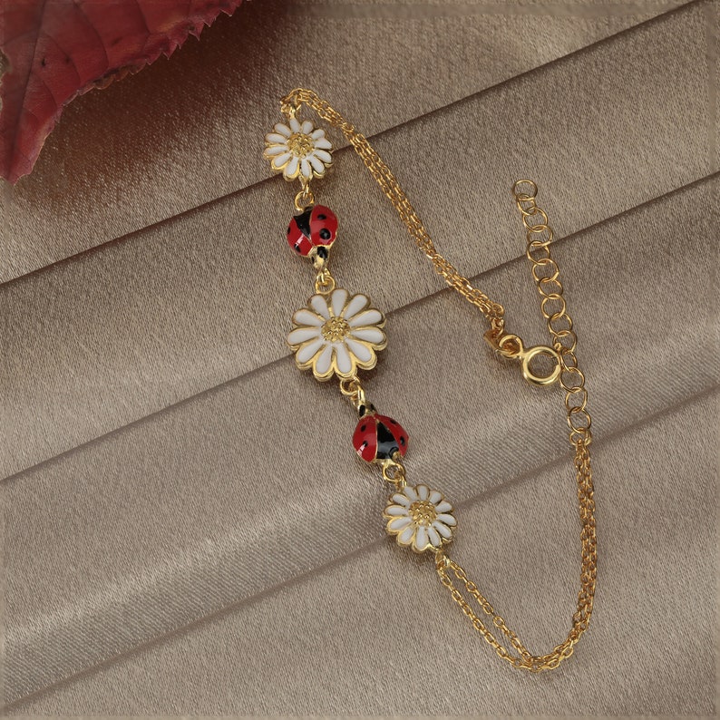 Pulsera de flores de plata, pulsera de margaritas, pulsera de mariquita, pulsera de flores con cuentas, pulsera de flores nupciales, regalo de Navidad del día de San Valentín imagen 7