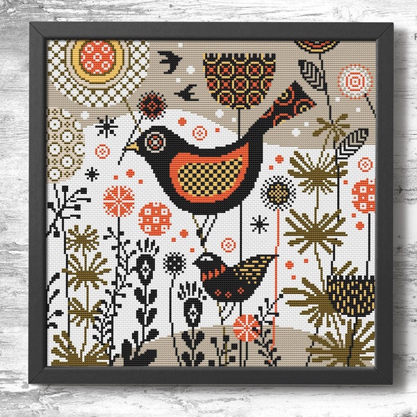 Cross stitch pattern bird Easy cross stitch Scandinavian style Nordic xstitch Simple embroidery Herb Primitive cross stitch Square pattern