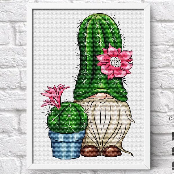 Gnome cross stitch, Cactus cross stitch pattern PDF, Floral  xstitch Cute gnome cross stitch chart Blooming cactus Summer Digital PDF