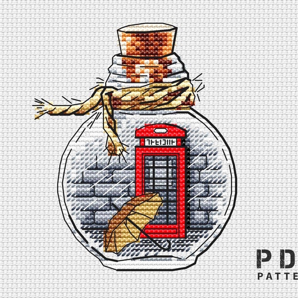 Red telephone box cross stitch K2 kiosk cross stitch pattern PDF London cross stitch Bottle xstitch Counted cross stitch chart Parasol