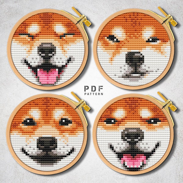 Shiba Inu cross stitch pattern Set of 4 Dog cross stitch Pets cross stitch chart, Funny dog smile, Tiny cross stitch PDF Instant download