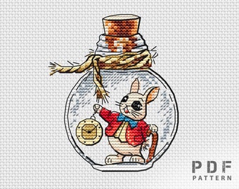Cross stitch Wonderland White Rabbit xstitch Bottle cross stitch pattern PDF Small cross stitch Counted cross stitch chart Miniature