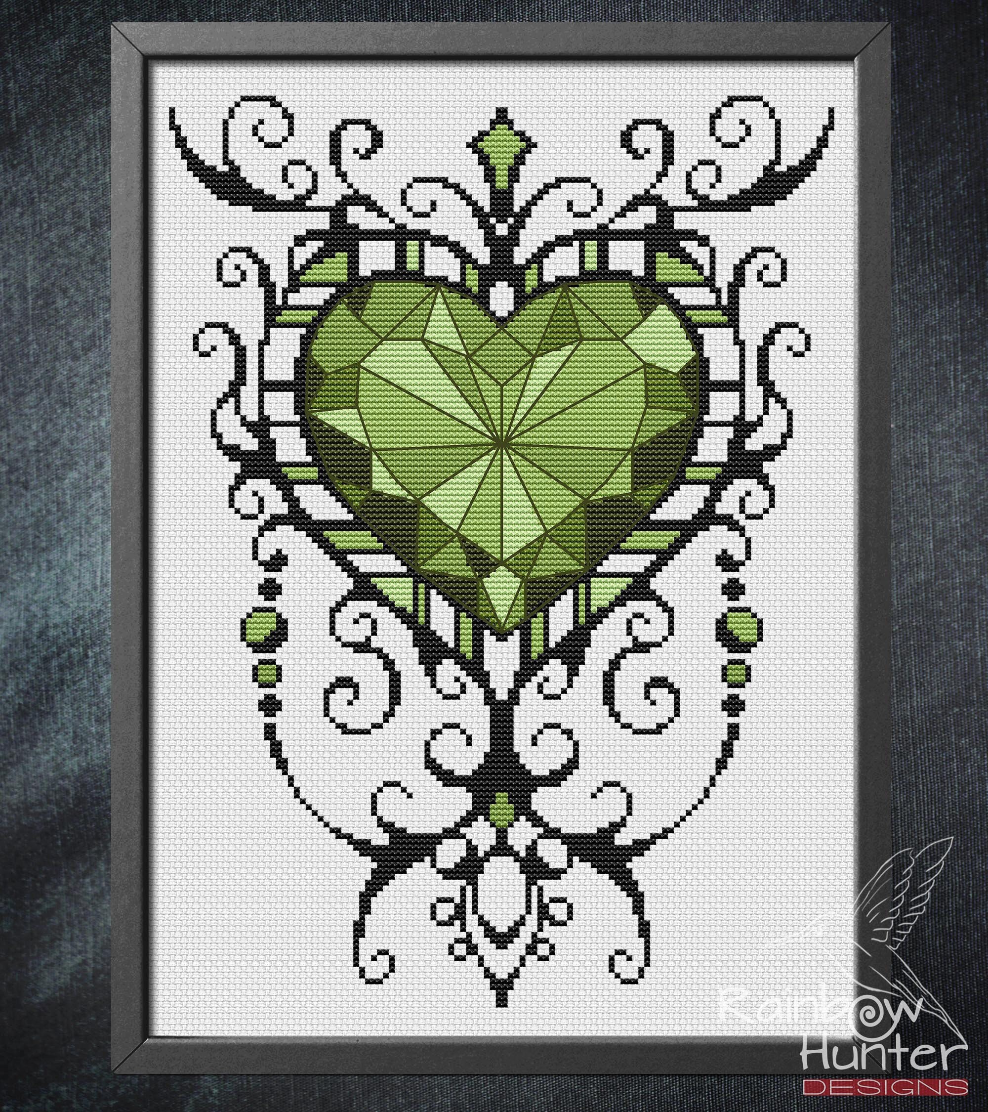 Green Heart Cross Stitch Green Gemstone Valentines Cross Stitch Pattern ...