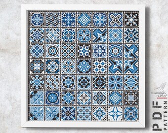 Blue Patchwork cross stitch pattern Squares Tile cross stitch Quaker xstitch Geometric Folk cross stitch chart Simple embrodery