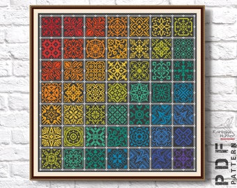 Rainbow Patchwork cross stitch Squares Tile Quaker pattern PDF Simple xstitch Geometric Folk Iridescent cross stitch chart Black background