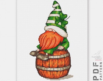 Irish gnome cross stitch pattern PDF, St. Patrick Day cross stitch pattern, Irish cross stitch, Shamrock xstitch, Counted cross stitch chart