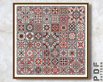 Cross stitch pattern Red patchwork Squares Ornament Quaker pattern xstitch Simple embrodery Geometric Folk cross stitch chart Sampler