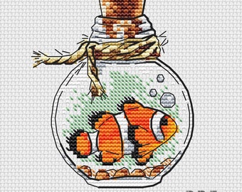 Clown fish cross stitch Bottle cross stitch, Sea cross stitch pattern PDF Underwater Kids room xstitch Miniature Small cross stitch Digital