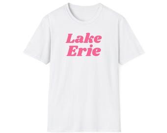 Lake Erie (Unisex Softstyle T-Shirt) Retro Summer Camp Souvenir Tee, the Great Lakes of North America - Simple Pink font