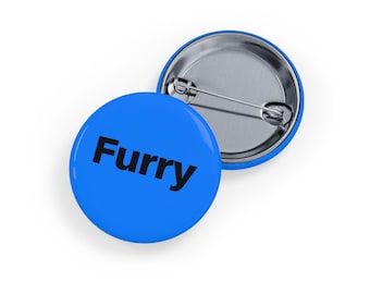 Harig (ronde speld/knop/badge) Eenvoudig zwart lettertype op een blauwe achtergrond, Minimalist Furry Pride