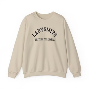 Ladysmith, British Columbia (Unisex Heavy Blend Crewneck Sweatshirt) Vancouver Island Souvenir, Coastal BC pnw - simple black font