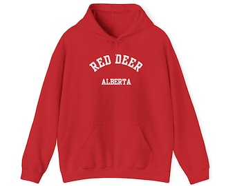 Red Deer, Alberta (Sudadera con capucha unisex de tejido grueso) Sudadera acogedora de Alberta, recuerdo de la pradera - fuente blanca