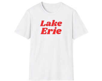 Lake Erie (Unisex Softstyle T-Shirt) Retro Summer Camp Souvenir Tee, the Great Lakes of North America - Simple Red Font
