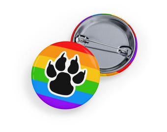 Furry Pride (Pin/Button, 4 sizes) 6-Colour Rainbow Pride Flag with Black Paw, LGBTQIA+ Fandom Badge