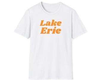 Lake Erie (Unisex Softstyle T-Shirt) Retro Summer Camp Souvenir Tee, the Great Lakes of North America - Simple Orange Font