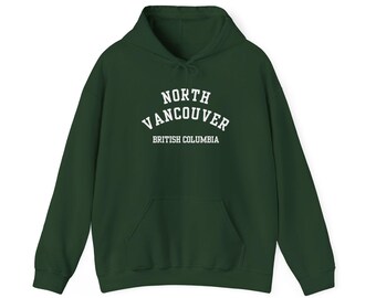 North Vancouver, British Columbia (Unisex Heavy Blend Hooded Sweatshirt) PNW Hoodie, Coastal BC Souvenir, North Van - White font