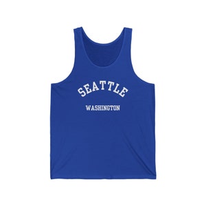 Seattle, Washington (Jersey Tank Top) Unisex Jersey PNW Souvenir - Rainy City Pacific Northwest USA Travel Gift - white font