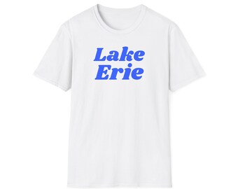 Lake Erie (Unisex Softstyle T-Shirt) Retro Summer Camp Souvenir Tee, the Great Lakes of North America - Simple Blue font