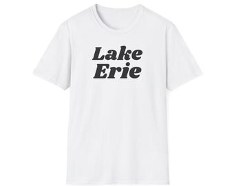 Lake Erie (Unisex Softstyle T-Shirt) Retro Summer Camp Souvenir Tee, the Great Lakes of North America - Simple Black font