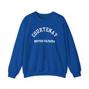 Courtenay, British Columbia (Unisex Heavy Blend Crewneck Sweatshirt) black font, Embrace Island Life in Style