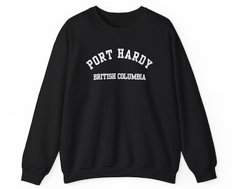 PortHardy, British Columbia (Unisex Heavy Blend Crewneck Sweatshirt) simple white font - Vancouver Island Exploration, PNW BC Style