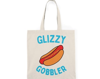 Glizzy Gobbler Tote Bag - Light blue font - Hotdog Fan, BBQ Foodie Meme, Funny Reusable Bag