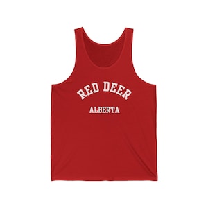 Red Deer, Alberta (Unisex Jersey Tank Top) - schlichte weiße Schrift, Prairie Strong, Parkland Cool