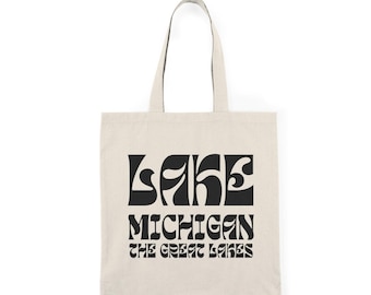 Lake Michigan - The Great Lakes (Tote Bag) Cotton Reusable Bag | Printed Front & Back | Beach, Grocery, North American Travel, Local Pride