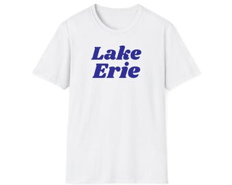 Lake Erie (Unisex Softstyle T-Shirt) Retro Summer Camp Souvenir Tee, the Great Lakes of North America - Simple Dark Blue font
